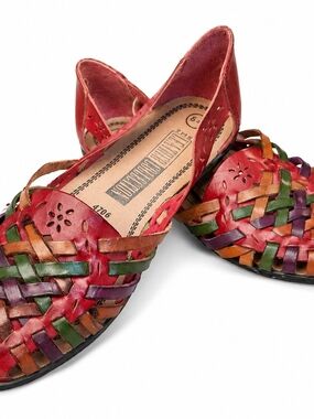 Handwoven Multicolor Leather Huarache Flats - Red